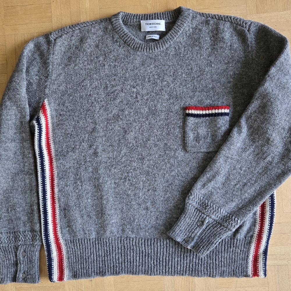 Thom Browne Gray Crewneck Sweater with Red and White Stripes
